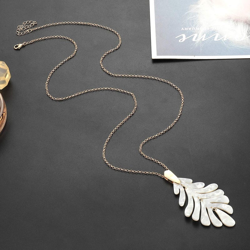 ARATLENCH Acrylic Pendant necklace Earrings â€“ Long Statement Leaf Charm Necklace Tortoise Resin Palm Leaf Earrings Fashion Necklaces Earrings for Women (White) - Image 5